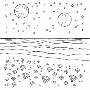 Beach scattered with diamonds and the waves lapping at the shore, night sky filled with three moons in different phases nestled among the stars
