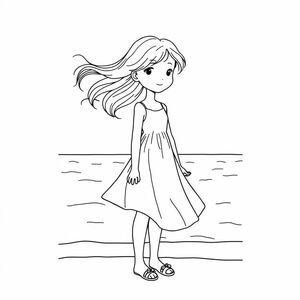 Let's make a picture of a girl with her hair dropped and dressed standing at the beach
