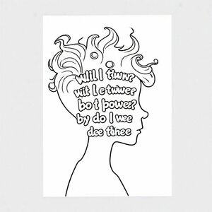 "Will thou hearken into my words if I tell thee by what power I do these things?" written in white bubble letters, in profile, surrealist style