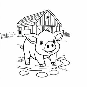 cute pig playing in the mud with a barn in the background
