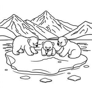 cute polar cubs playing on ice with mountains in background
