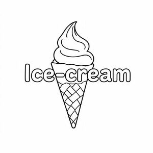A simple line illustration of ice-cream with capital letter,small letter and complete word. The drawing should include open space for coloring and a white background.