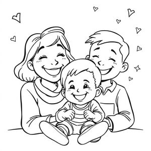 Transform this uploaded photo (photo description: pop close with granddaughter and grandson with smiles on their faces] into a whimsical children's colouring book page. Convert it to a clean, high-contrast black-and-white line art illustration in a simple, cartoonish style suitable for kids aged 1-5 years. Use thick, bold outlines with minimal fine details to make it easy to colour—no shading, textures, or gradients. Emphasize joyful play elements like smiling faces, playful poses, and fun toys, keeping everything large and recognizable. Add subtle, optional doodle-like flourishes around the edges like stars or hearts to spark imagination, but keep the focus on the main scene. Ensure the overall vibe is happy, nostalgic, and family-oriented, evoking warm memories of aunty-niece-nephew adventures. Output as a single printable page with ample white space for crayons.