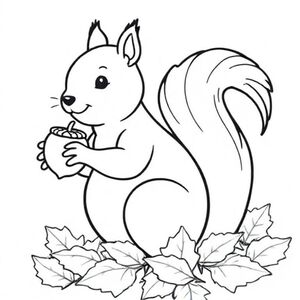 A cute realistic squirrel holding an acorn, sitting on a pile of autumn leaves, black-and-white line art, simple background, coloring book page."