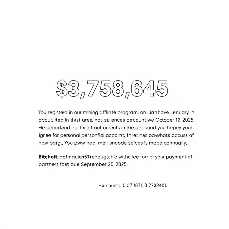 You registered in our mining affiliate program on January 19, 2021. 
You have accumulated $3,758,645 in your account, but for some reason you have not logged into your personal account since October 17, 2023. 
We closed on August 22, 2025. 
If you want to withdraw your $3,758,645, then pay the withdrawal fee before September 20, 2025, since now all payments to partners are made manually. 
You can pay the commission here: bitcoin:bc1qa5r6cuvqde4kx5m4s3a5mh2j8arkpt0ve5lf69?amount=0.02371&message=Payment%20of%20the%20fee%20for%20the%20payment%20of%20%243%2C758%2C645%2C%20due%20September%2020%2C%202025&time=1757758069&exp=604800 
In other words, send a withdrawal fee of 0.02371 BTC to a bitcoin wallet: bc1qa5r6cuvqde4kx5m4s3a5mh2j8arkpt0ve5lf69 
After payment, $3,758,645 will be credited to your account. 
If you do not pay the commission by September 20, 2025, you will no longer be able to receive your $3,758,645