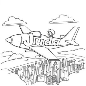 the name "Judah" on a jet plane flying over a city with a boy in the cockpit