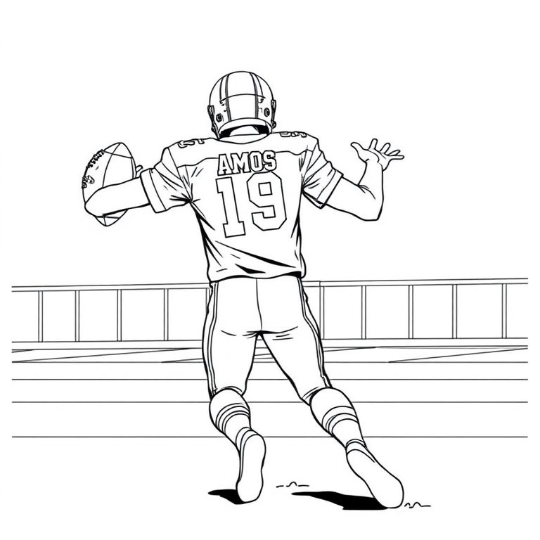 a realistic football player with the name AMOS on the back of his jersey, throwing a football down the field
