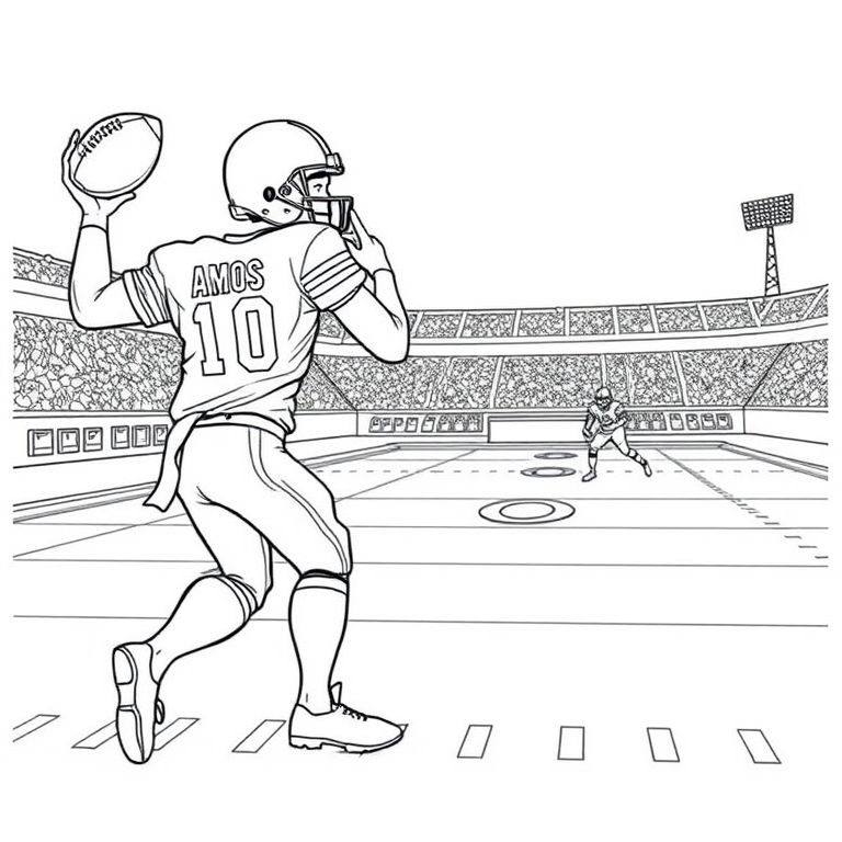 A football player with the name AMOS on his jersey throwing a football to a teammate down field, with a view of the field and yard lines and a stadium in the background
