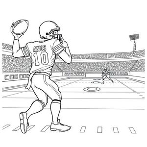 A football player with the name AMOS on his jersey throwing a football to a teammate down field, with a view of the field and yard lines and a stadium in the background
