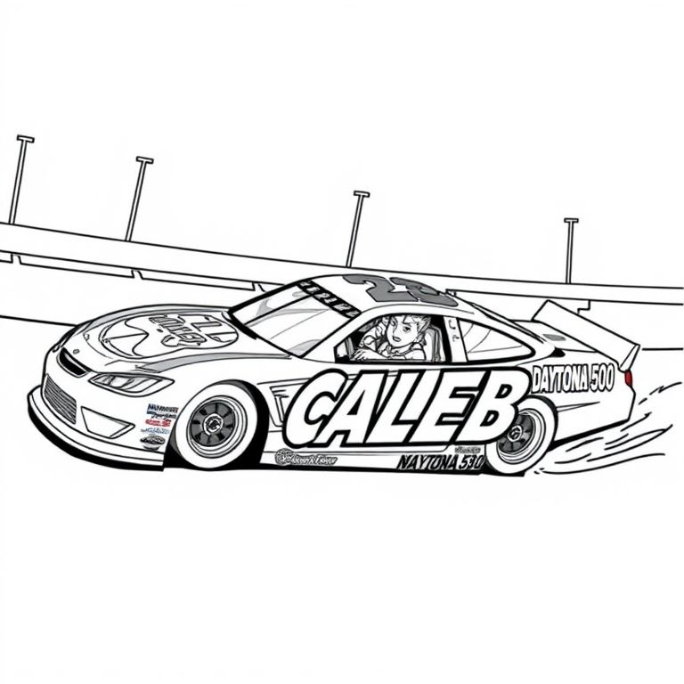 the name CALEB on the side of a Nascar racecar racing around the Daytona 500 track, with a teenage boy in the driver's seat