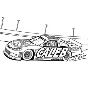 the name CALEB on the side of a Nascar racecar racing around the Daytona 500 track, with a teenage boy in the driver's seat