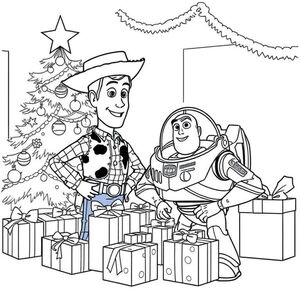 Woody and Buzz gather by the Christmas tree on Christmas morning, surrounded by gifts in this festive Toy Story coloring page.