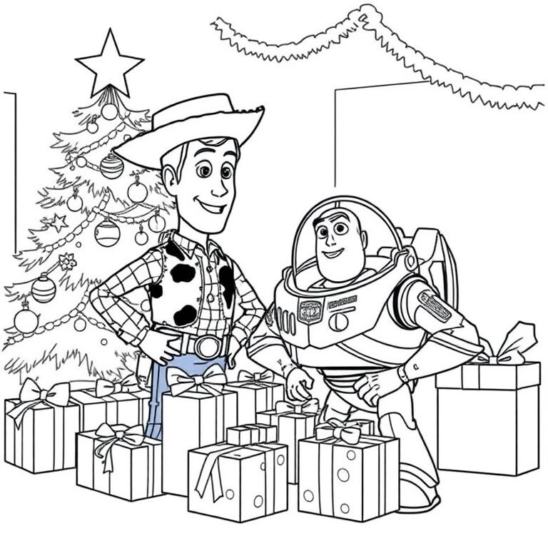 Woody and Buzz gather by the Christmas tree on Christmas morning, surrounded by gifts in this festive Toy Story coloring page.