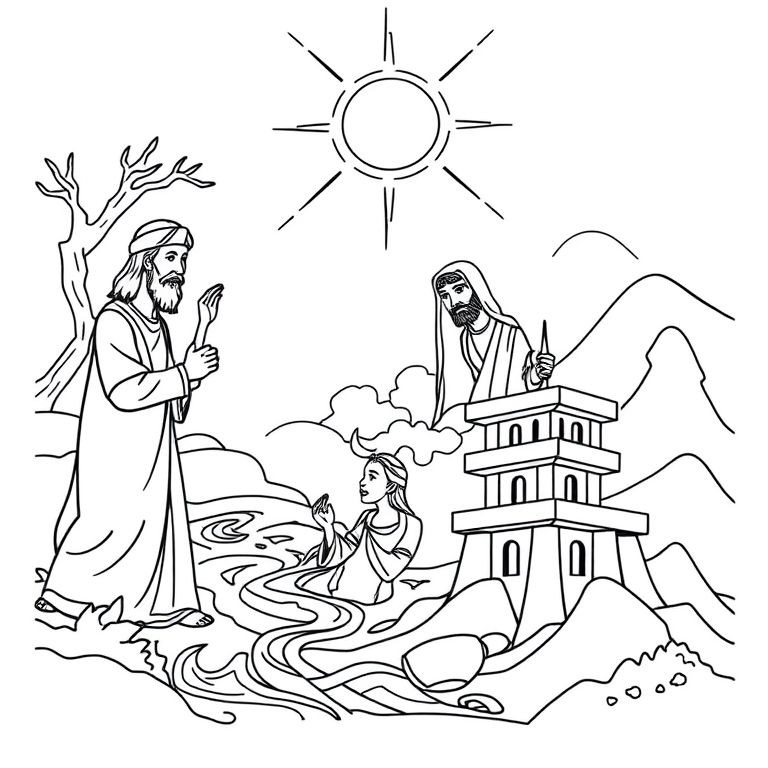 "Tranh tô màu Kinh thánh được chia thành 5 phần: sự sáng tạo, Adam và Eve, sự sa ngã, trận lụt, Tháp Babel."