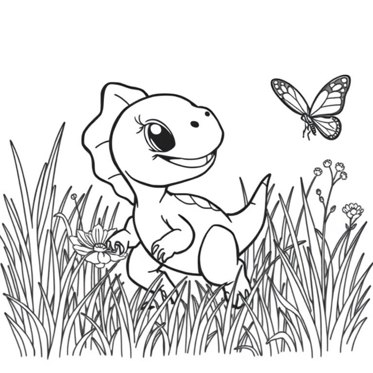 Chibi chim ăn thịt con kiểu Chibi đuổi theo một con bướm qua bãi cỏ cao. Con chim ăn thịt có một nụ cười vui tươi và con bướm nằm ngoài tầm với. Nền đơn giản với cỏ và một vài bông hoa. Đường viền màu đen đậm, phong cách sách tô màu toàn trang.