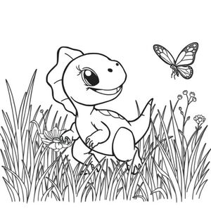 Chibi chim ăn thịt con kiểu Chibi đuổi theo một con bướm qua bãi cỏ cao. Con chim ăn thịt có một nụ cười vui tươi và con bướm nằm ngoài tầm với. Nền đơn giản với cỏ và một vài bông hoa. Đường viền màu đen đậm, phong cách sách tô màu toàn trang.