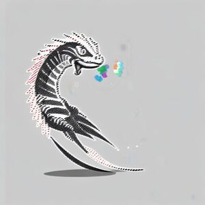 Velociraptor kiểu Chibi ngồi xuống với nụ cười to, thân thiện, thân hình tròn, mắt to, cánh tay nhỏ, nền đơn giản với một vài tảng đá nhỏ và cây cối.