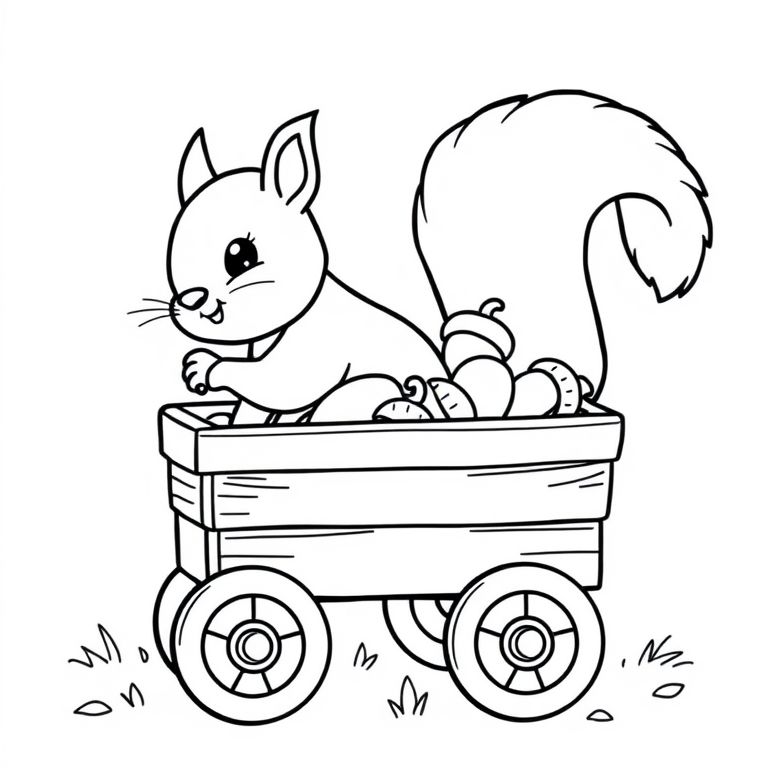 Squirrel collecting acorns in a toy wagon – cute style, 8.5x8.5
