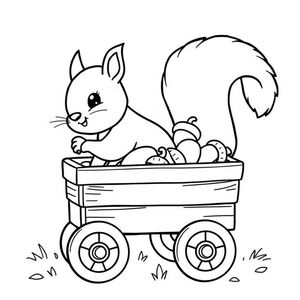 Squirrel collecting acorns in a toy wagon – cute style, 8.5x8.5