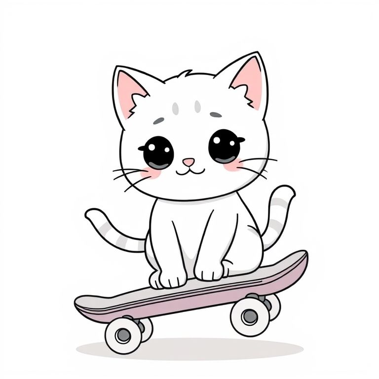 mèo kawaii cưỡi ván trượt, màu pastel dễ thương, ánh sáng dịu nhẹ, phong cách hoạt hình, nền đơn giản, rực rỡ và sạch sẽ, minh họa kỹ thuật số chất lượng cao, biểu cảm đáng yêu và vui vẻ, bóng mượt mà, nền trắng