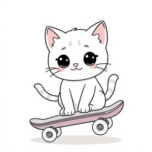 mèo kawaii cưỡi ván trượt, màu pastel dễ thương, ánh sáng dịu nhẹ, phong cách hoạt hình, nền đơn giản, rực rỡ và sạch sẽ, minh họa kỹ thuật số chất lượng cao, biểu cảm đáng yêu và vui vẻ, bóng mượt mà, nền trắng