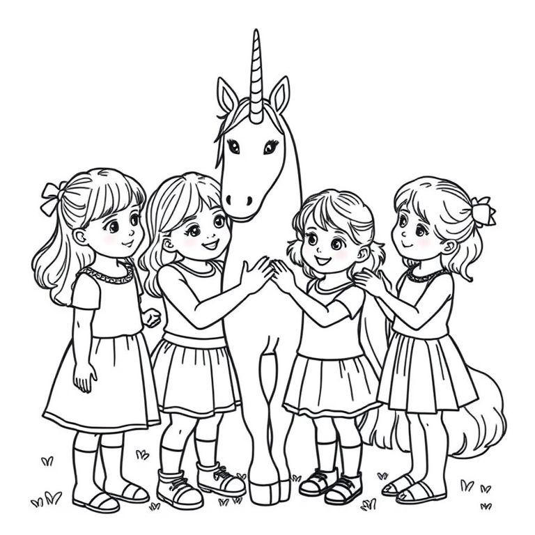 A picture of 4 four year old girls, petting a unicorn
