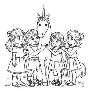 A picture of 4 four year old girls, petting a unicorn
