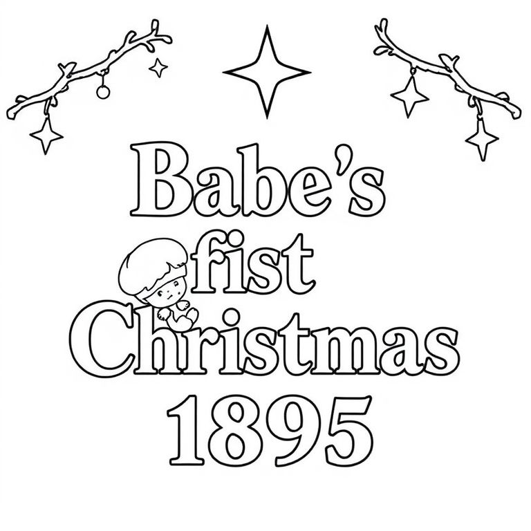 Babe's First Christmas 1895 Text Design without any pictures of humans, without any pictures of animals, without any pictures of birds, and without any pictures of insects.