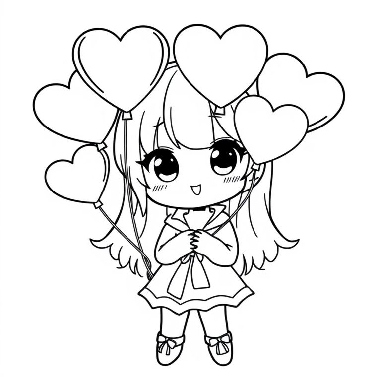 Cute style Kuromi holding balloons shaped like hearts. Coloring book page, black-and-white, simple design, easy to color. Plain white background.