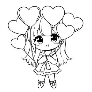 Cute style Kuromi holding balloons shaped like hearts. Coloring book page, black-and-white, simple design, easy to color. Plain white background.
