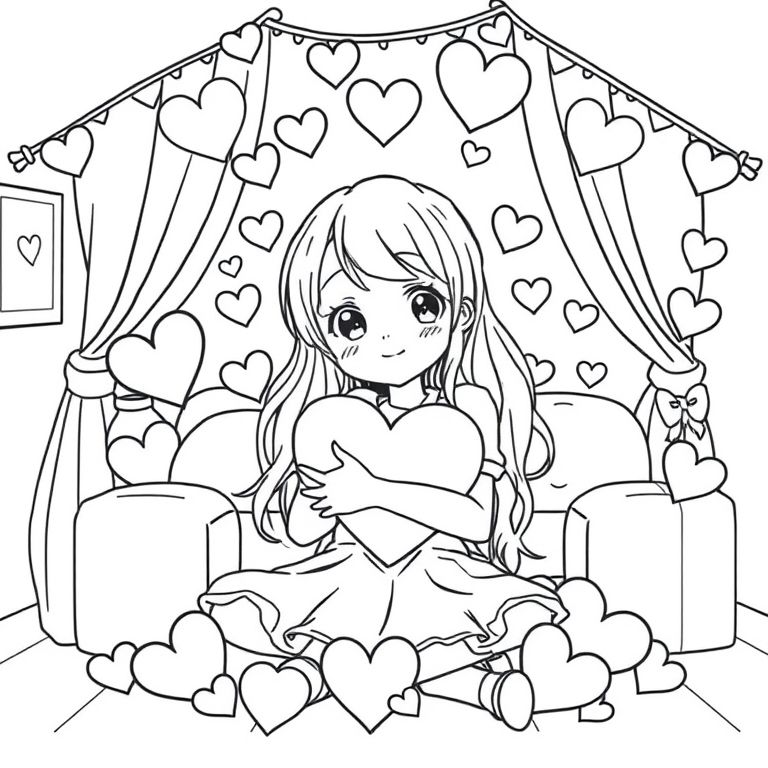 anime style... hearts lots of cute bubbly hearts in one room with a girl hugging them so tight dreaming up cute happy things with a smile on her face
