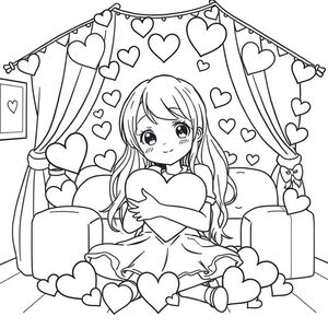 anime style... hearts lots of cute bubbly hearts in one room with a girl hugging them so tight dreaming up cute happy things with a smile on her face

