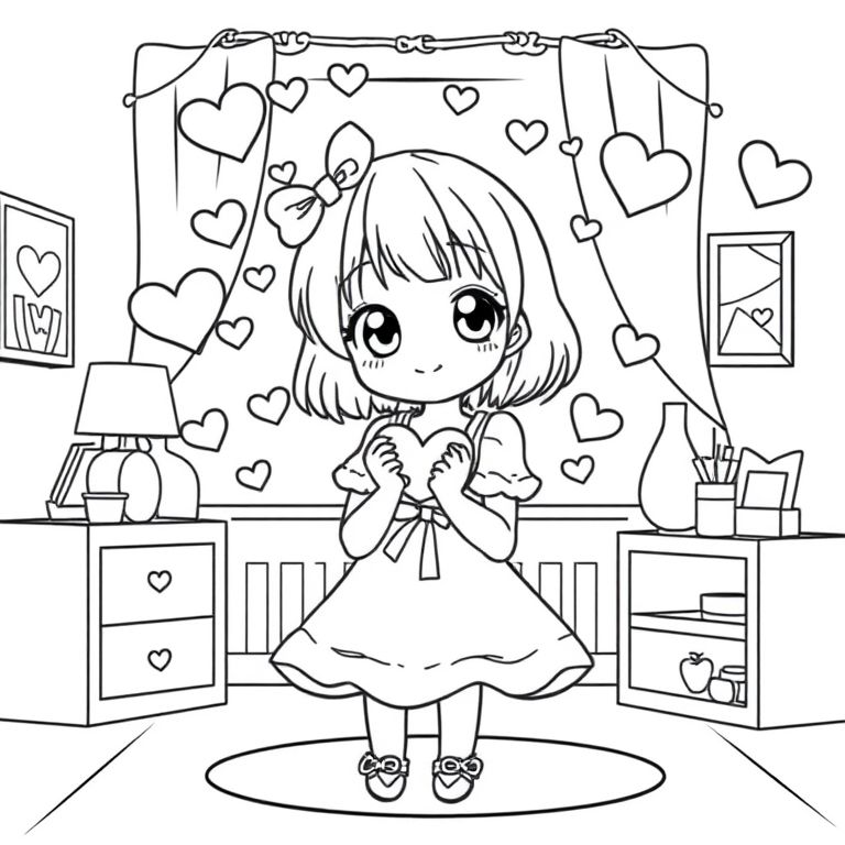 anime  style a cute girl holding hearts hearts all around  her and a cute dress in her cute room dreaming up cute things with a smile on her face