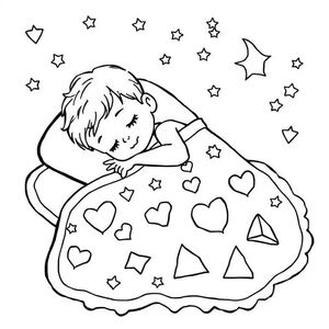 child sleeping with quilt and quilt has stars, hearts and triangles on it
