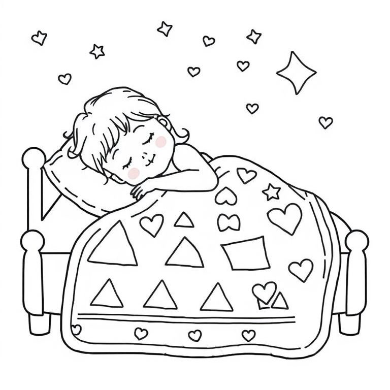 child sleeping with a quilt on her bed and quilt has triangles, stars and hearts