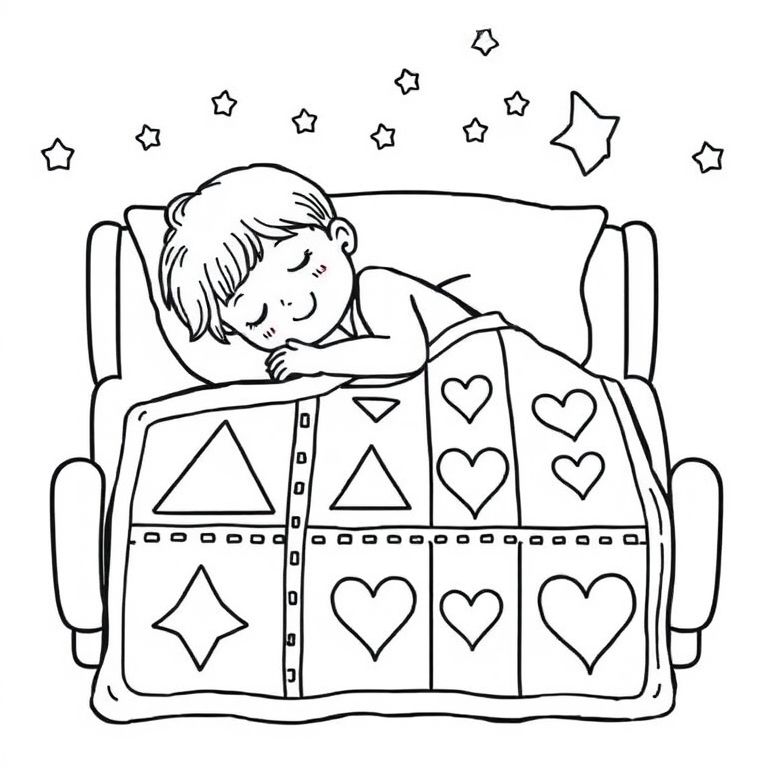child sleeping with a quilt on her bed and quilt has triangles, stars and hearts inside squares
