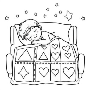 child sleeping with a quilt on her bed and quilt has triangles, stars and hearts inside squares
