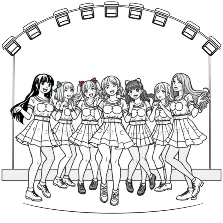 idol club of nine dancing on stage all very cute members wearing cute kawwai stuff