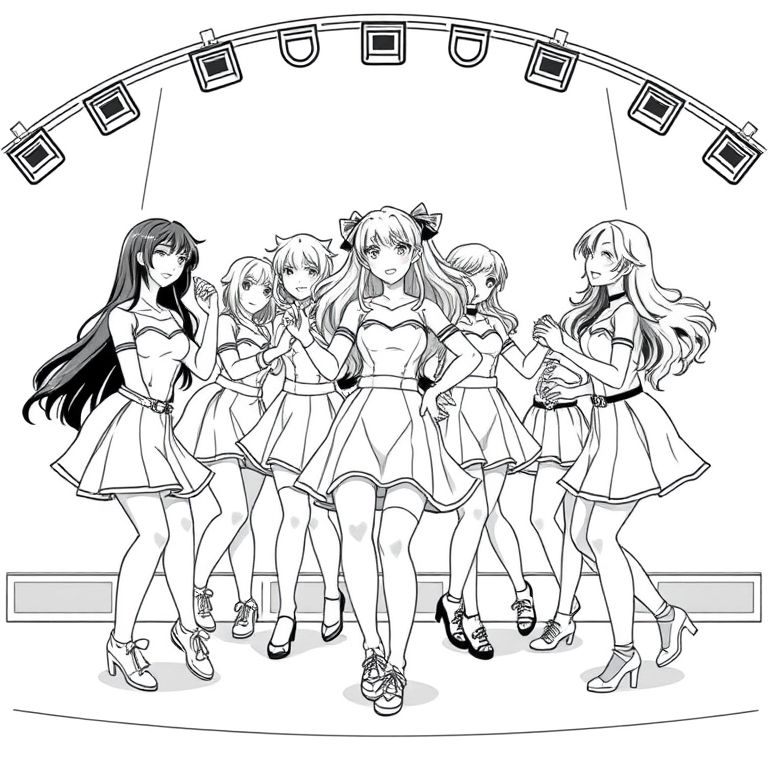  an idol club dancing in sync on stage all nine members Japanese idols in anime style all wearing cute clothes short dresses chest little low all with thier own style