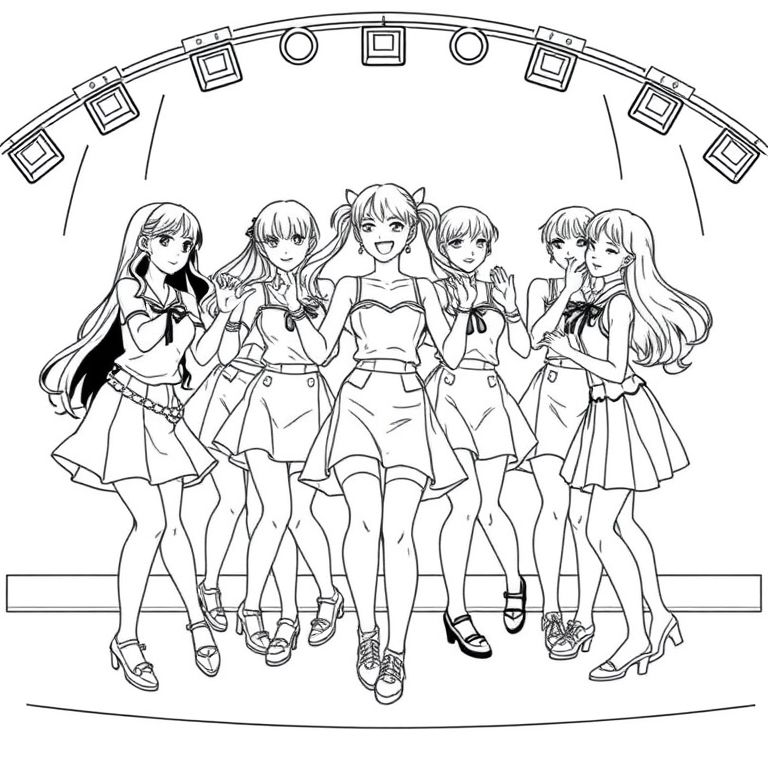  an idol club dancing in sync on stage all nine members Japanese idols in anime style all wearing cute clothes short dresses chest little low all with thier own style and short skirts  very short  different styles 