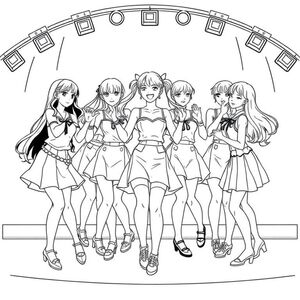  an idol club dancing in sync on stage all nine members Japanese idols in anime style all wearing cute clothes short dresses chest little low all with thier own style and short skirts  very short  different styles 