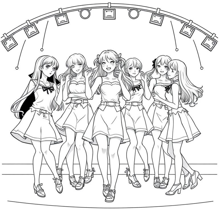  an idol club dancing in sync on stage all nine members Japanese idols in anime style all wearing cute clothes short dresses chest little low all with thier own style and short skirts  very short  different styles showered skirts with shorter chest and ribbon