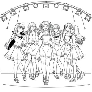  an idol club dancing in sync on stage all nine members Japanese idols in anime style all wearing cute clothes short dresses chest little low all with thier own style and short skirts  very short  different styles showered skirts with shorter chest and ribbon