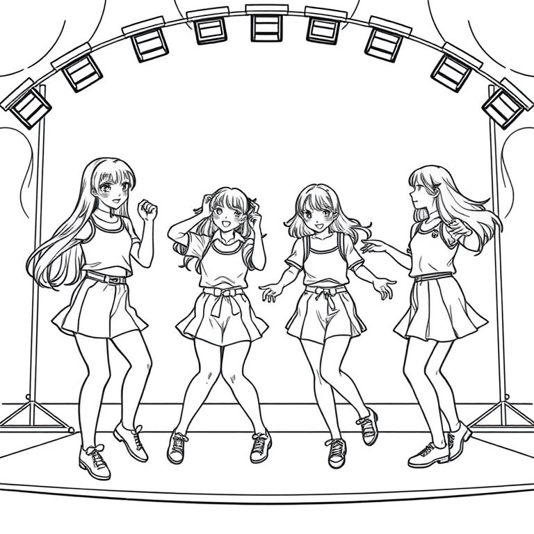 school idols on stage all very cute wearing shorts skirts and all with their own cute styles dancing in sync the background on stage is pop and cute kawwai is the main theme