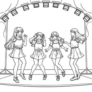 school idols on stage all very cute wearing shorts skirts and all with their own cute styles dancing in sync the background on stage is pop and cute kawwai is the main theme