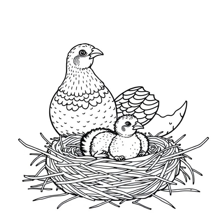 Quails with baby quails sitting in a nest
