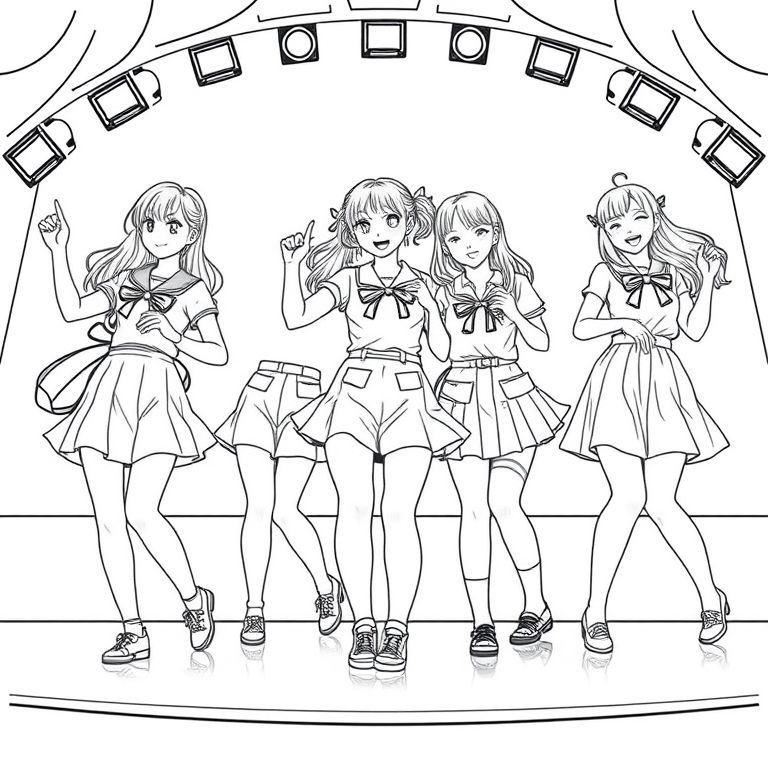 school idols on stage all very cute wearing shorts skirts and all with their own cute styles dancing in sync the background on stage is pop and cute kawwai is the main theme make on style cute and a little show like another shorts with ribbons chache another  wearing a dress coated in Daimond of the finest the last wearing cute shoes long out hair with loushous stuff