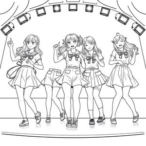 school idols on stage all very cute wearing shorts skirts and all with their own cute styles dancing in sync the background on stage is pop and cute kawwai is the main theme make on style cute and a little show like another shorts with ribbons chache another  wearing a dress coated in Daimond of the finest the last wearing cute shoes long out hair with loushous stuff