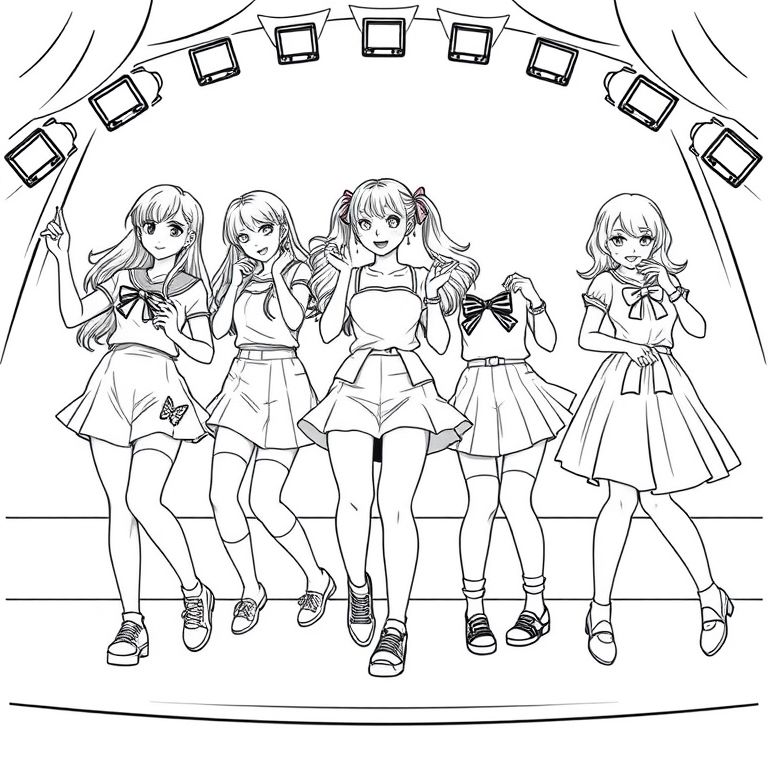 school idols on stage all very cute wearing shorts skirts and all with their own cute styles dancing in sync the background on stage is pop and cute kawwai is the main theme make on style cute and a little show like another shorts with ribbons chache another  wearing a dress coated in Daimond of the finest the last wearing cute shoes long out hair with loushous stuff make the fifth have  a big skirt