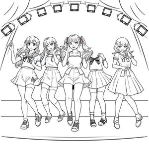 school idols on stage all very cute wearing shorts skirts and all with their own cute styles dancing in sync the background on stage is pop and cute kawwai is the main theme make on style cute and a little show like another shorts with ribbons chache another  wearing a dress coated in Daimond of the finest the last wearing cute shoes long out hair with loushous stuff make the fifth have  a big skirt